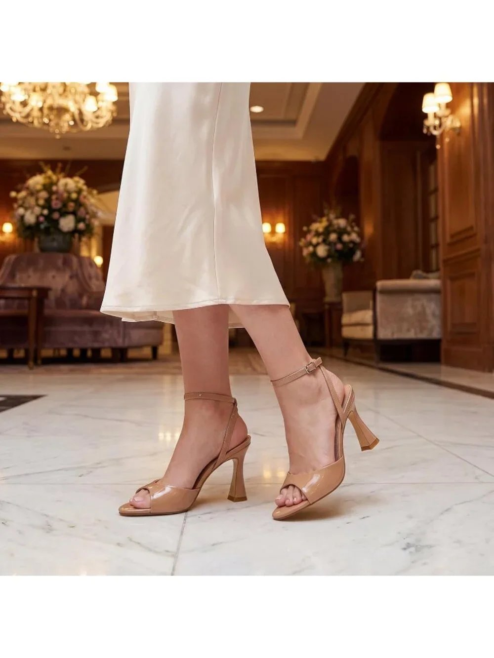 Women's Tan Nude High Heels Pointed Open Toe Strappy Chunky Sexy Dress Shoes